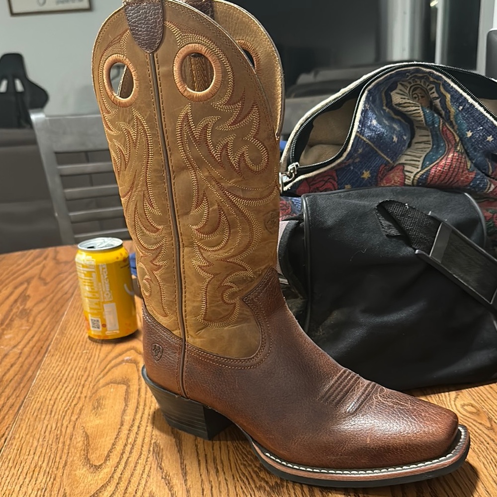 Ariat Brown and Tan Cowboy Boots with Square Toe